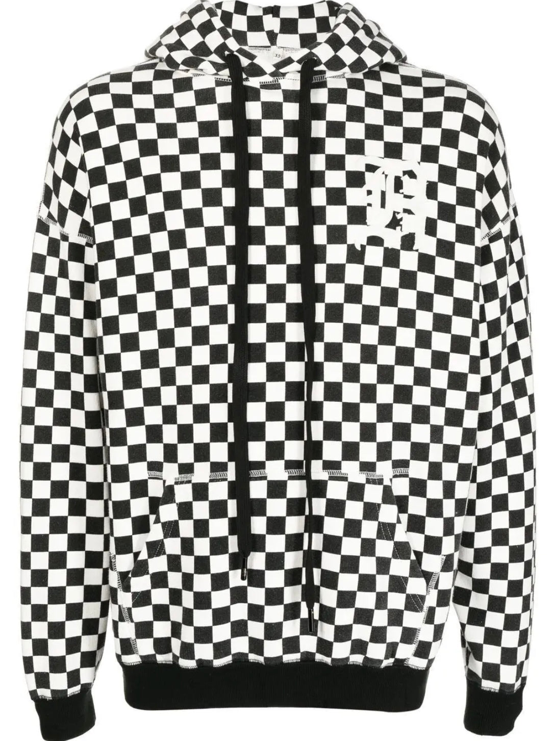R13 Black & White Checker Logo Hoodie, Oversized Men’s Small (Unisex)