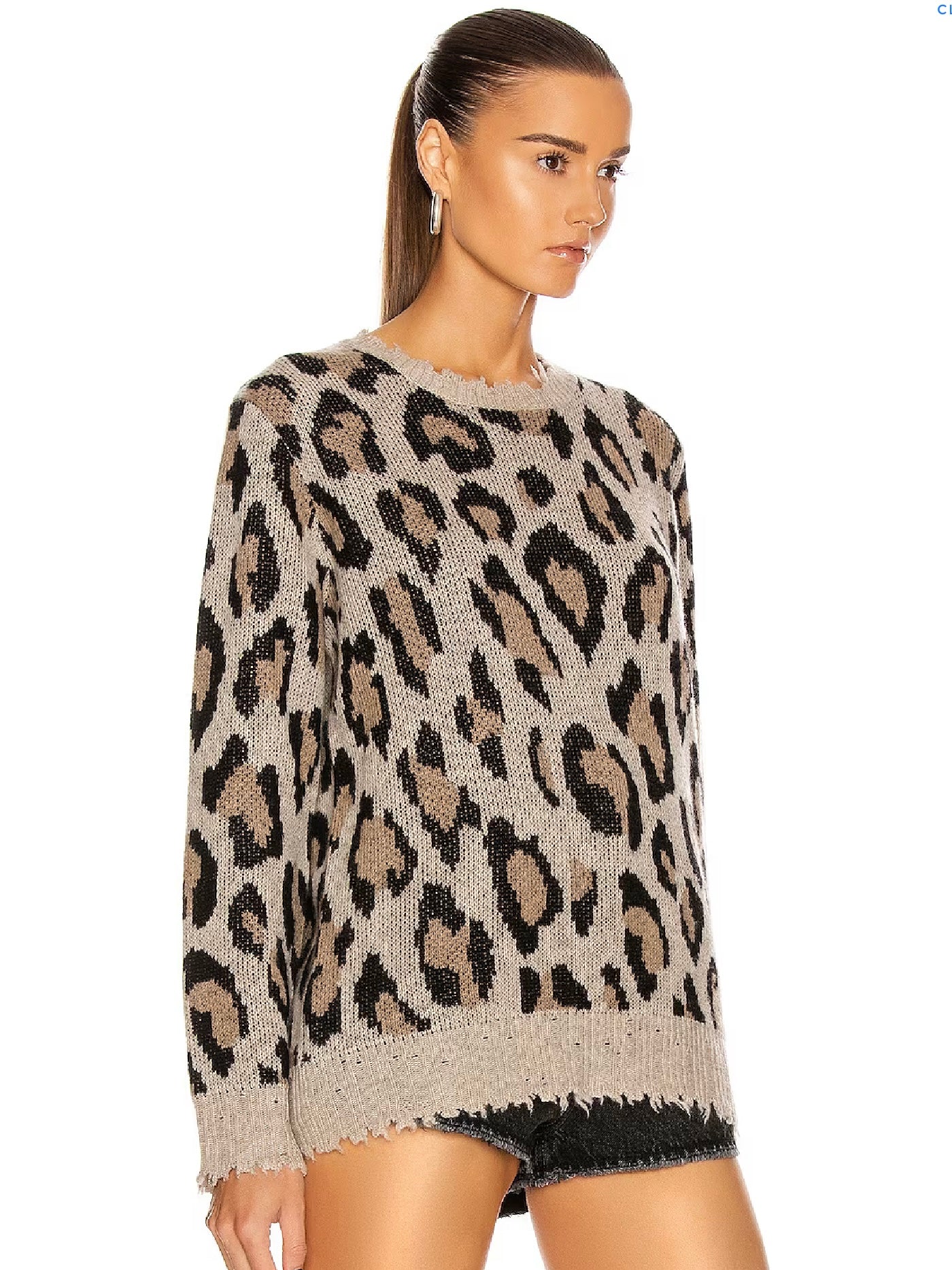 R13 Leopard Cashmere Crewneck Sweater, XSMALL