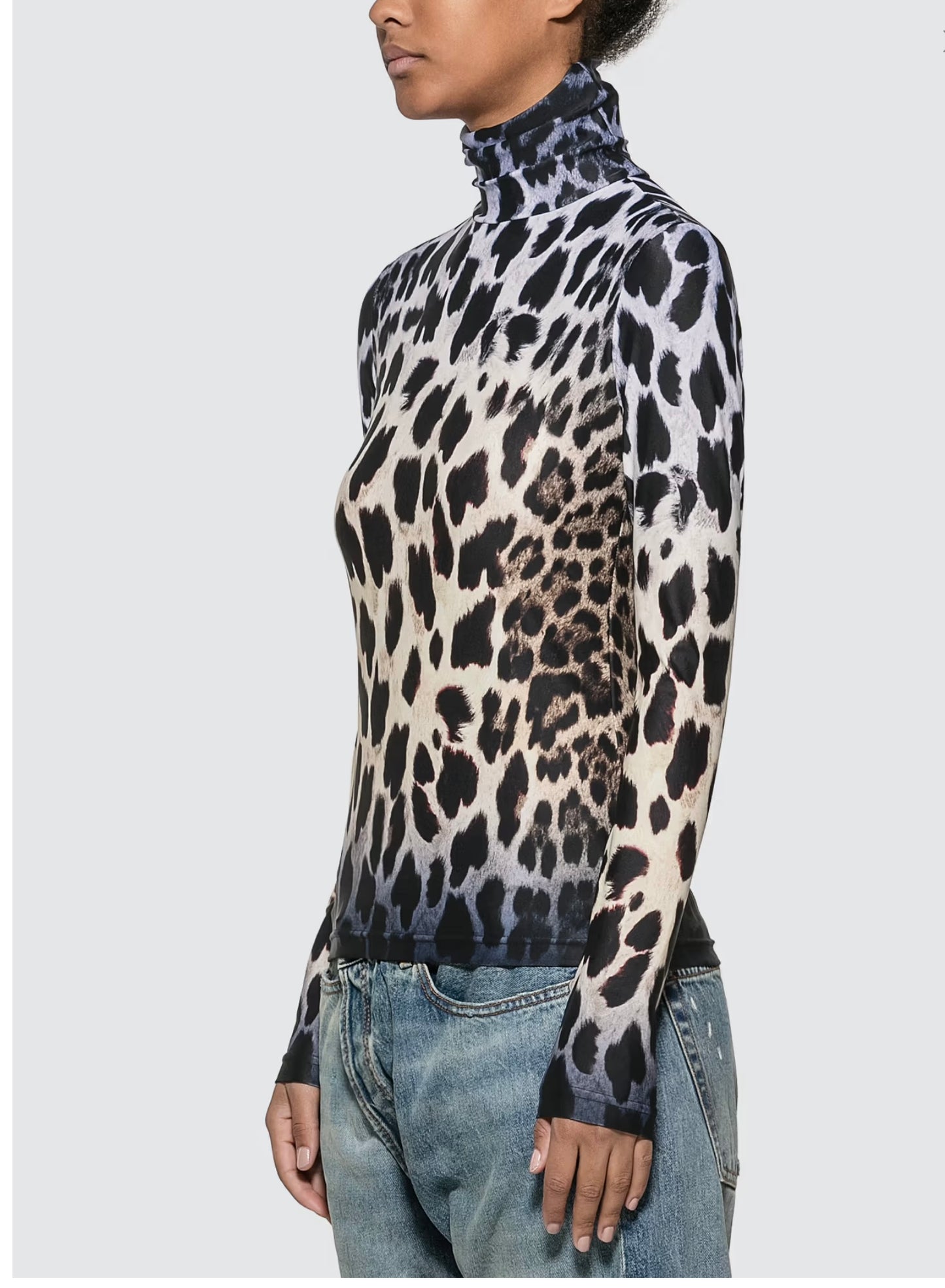 R13
FADED LEOPARD TURTLENECK TOP, XSMALL