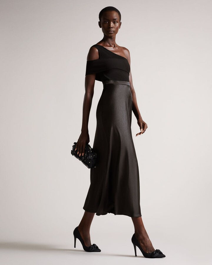 Ted Baker Asymmetric Bodice Dress (black) w/ Satin Skirt, Medium