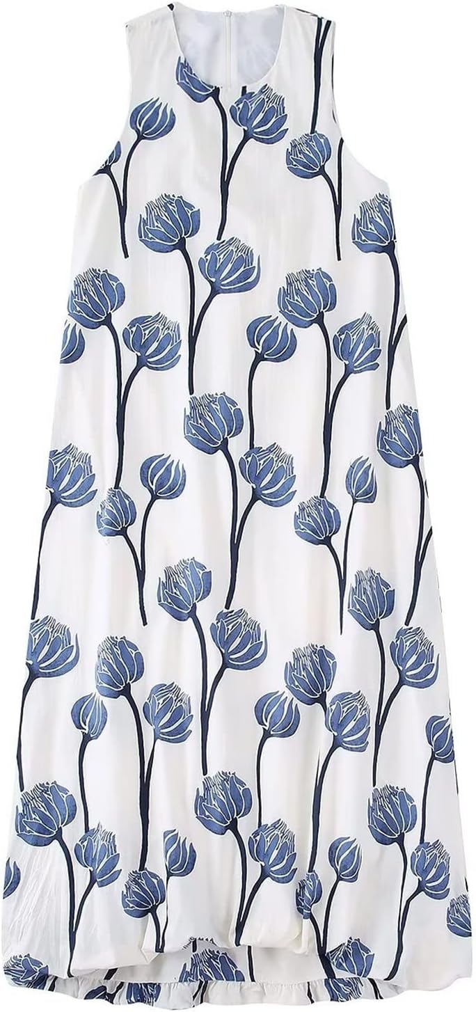 Zara Blue & White Floral Puff Hem Midi Maxi Dress, Medium
