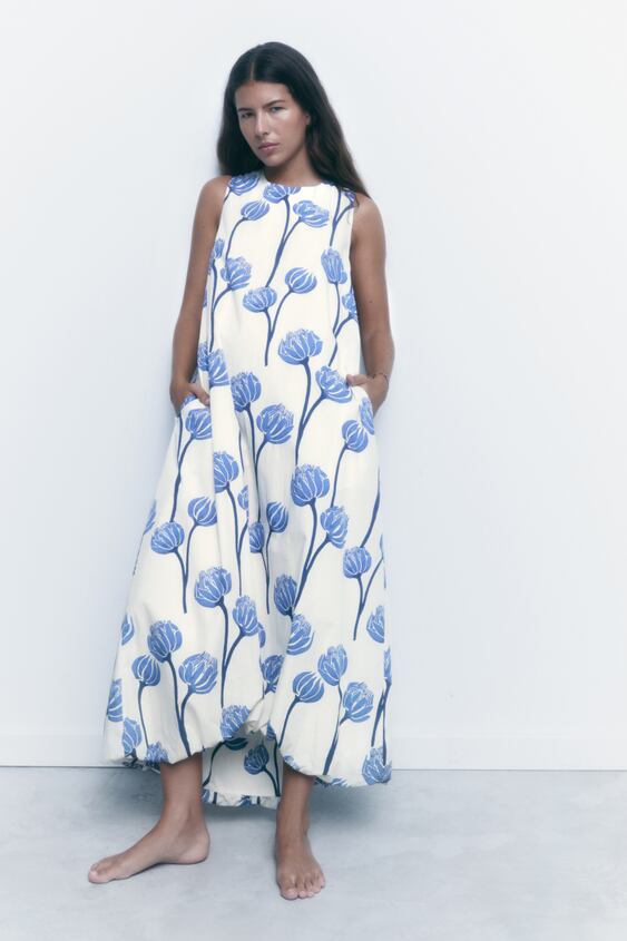 Zara Blue & White Floral Puff Hem Midi Maxi Dress, Medium