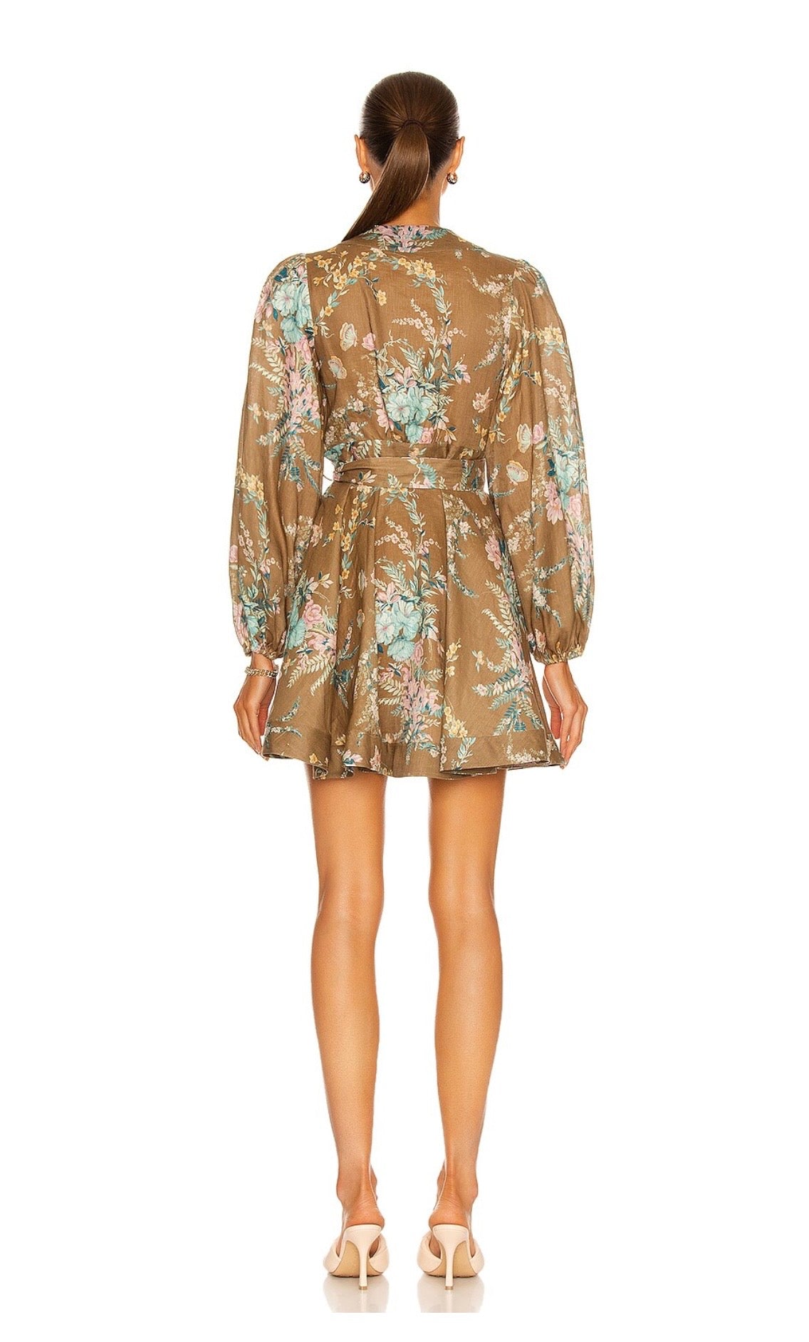 Cassia Wrap Short Dress in Brown Floral, Size 3