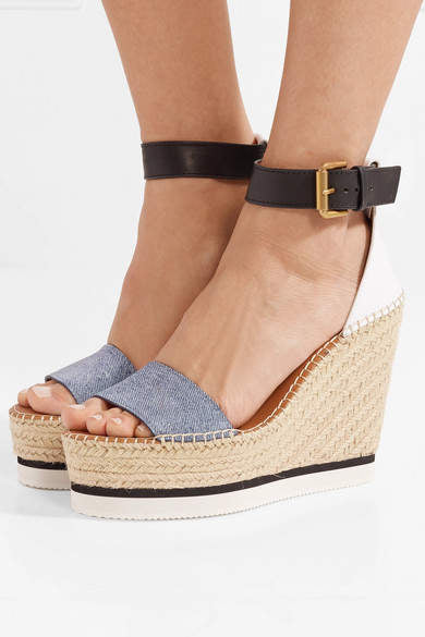 See by Chloe Denim And Leather Espadrille Wedge Sandals - Light denim, Size 38
