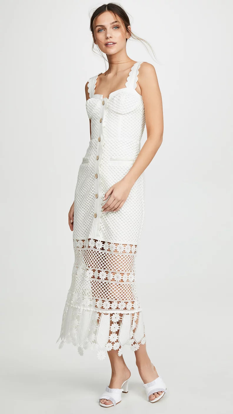 Self-Portrait Fishnet Crochet Lace Pattern Midi Dress, Size 6 Verve Fashion Inc. Self-Portrait Fishnet Crochet Lace Pattern Midi Dress, Size 6 Verve Fashion Inc.
