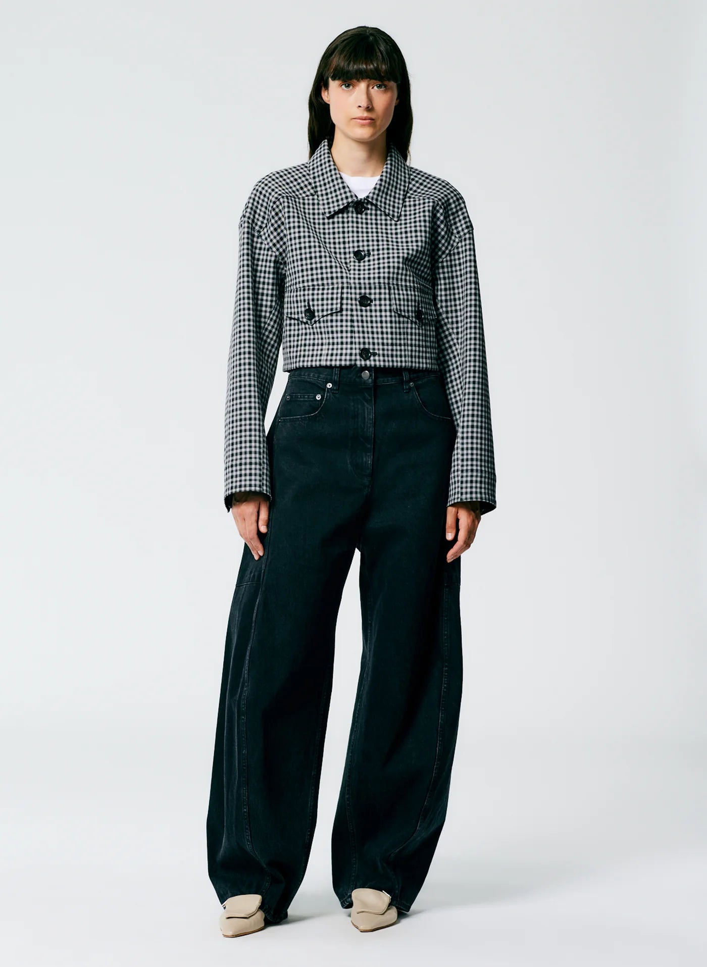 Tibi Double Faced Menswear Check Cropped Jean Jacket, Medium