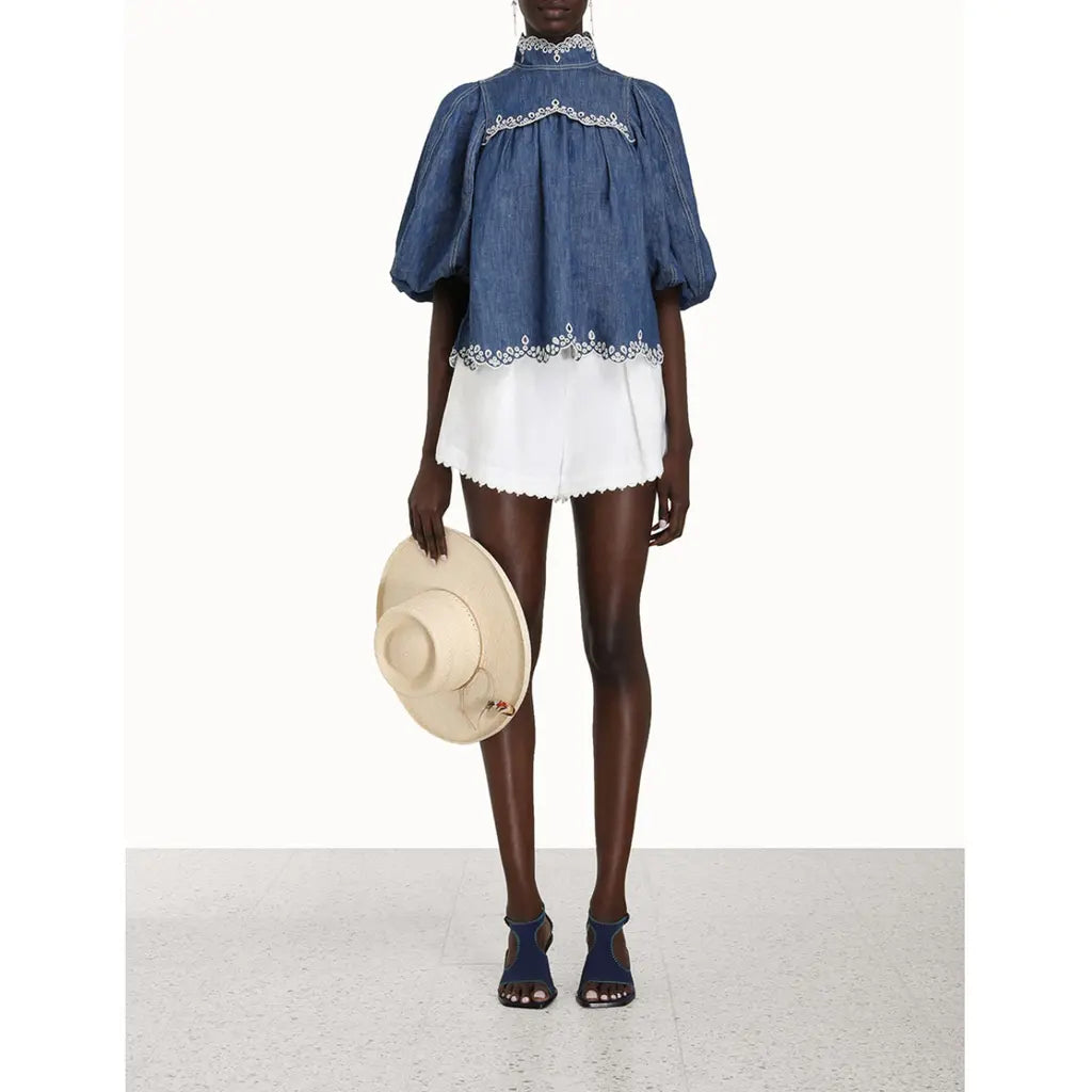 ZIMMERMANN NWT Laurel scallop denim embroidery blouse, SIZE AU 2 (MEDIUM)