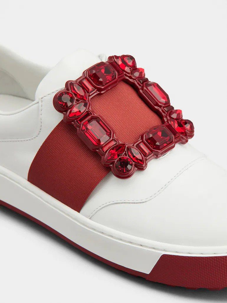 Roger Vivier Viv' Golf Very Vivier Strass Buckle Sneakers in Leather (Red x White), Size 36.5