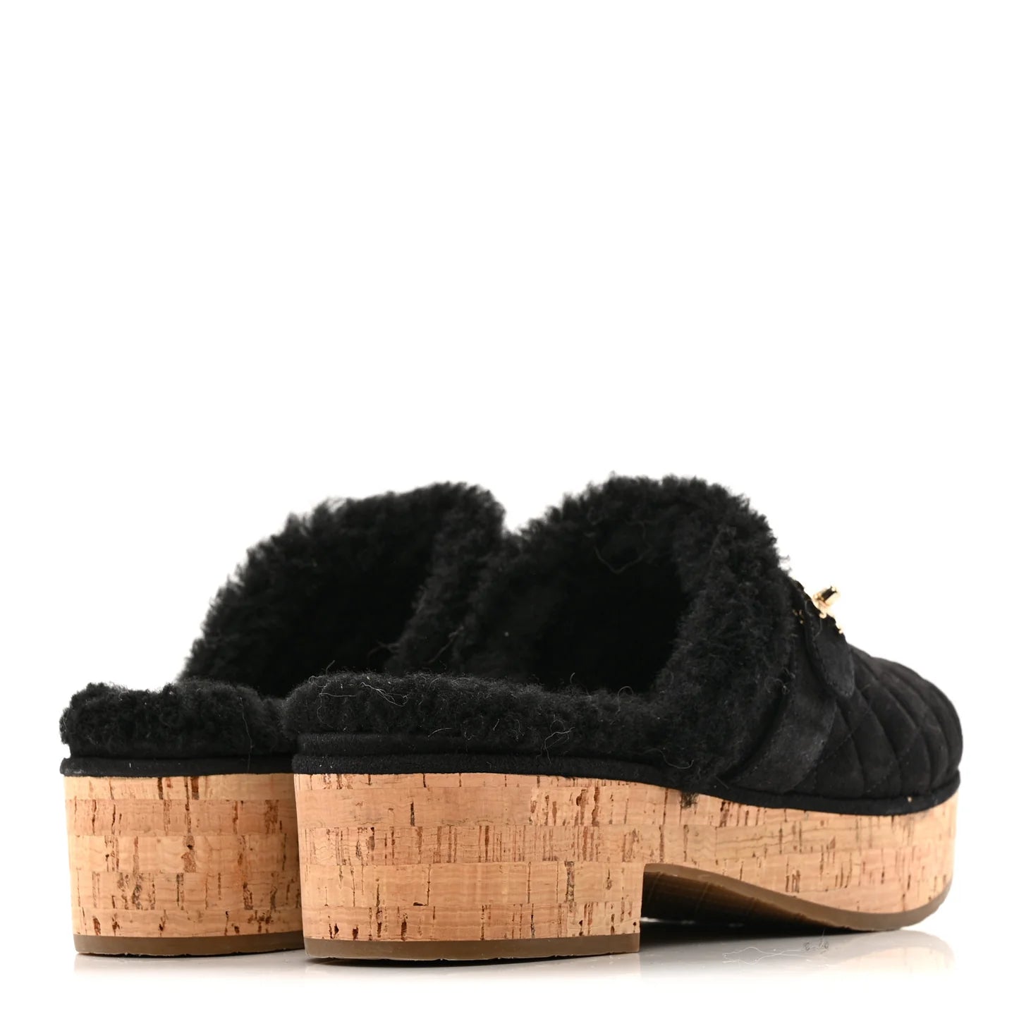 CHANEL Suede Calfskin Shearling Turn Lock Clogs, Size 39