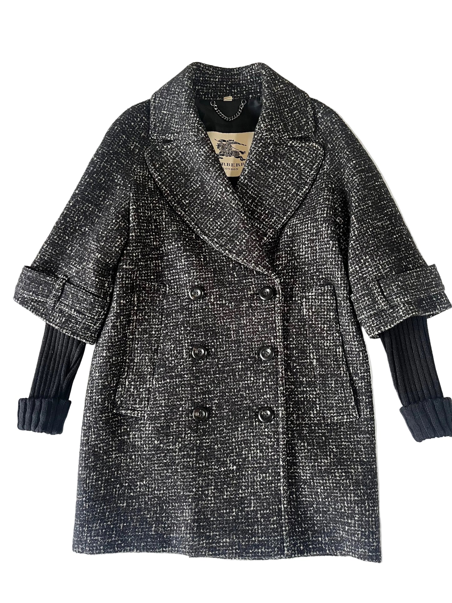 Burberry Black Tweed Wool Double Breasted Cocoon Coat, SIZE 4