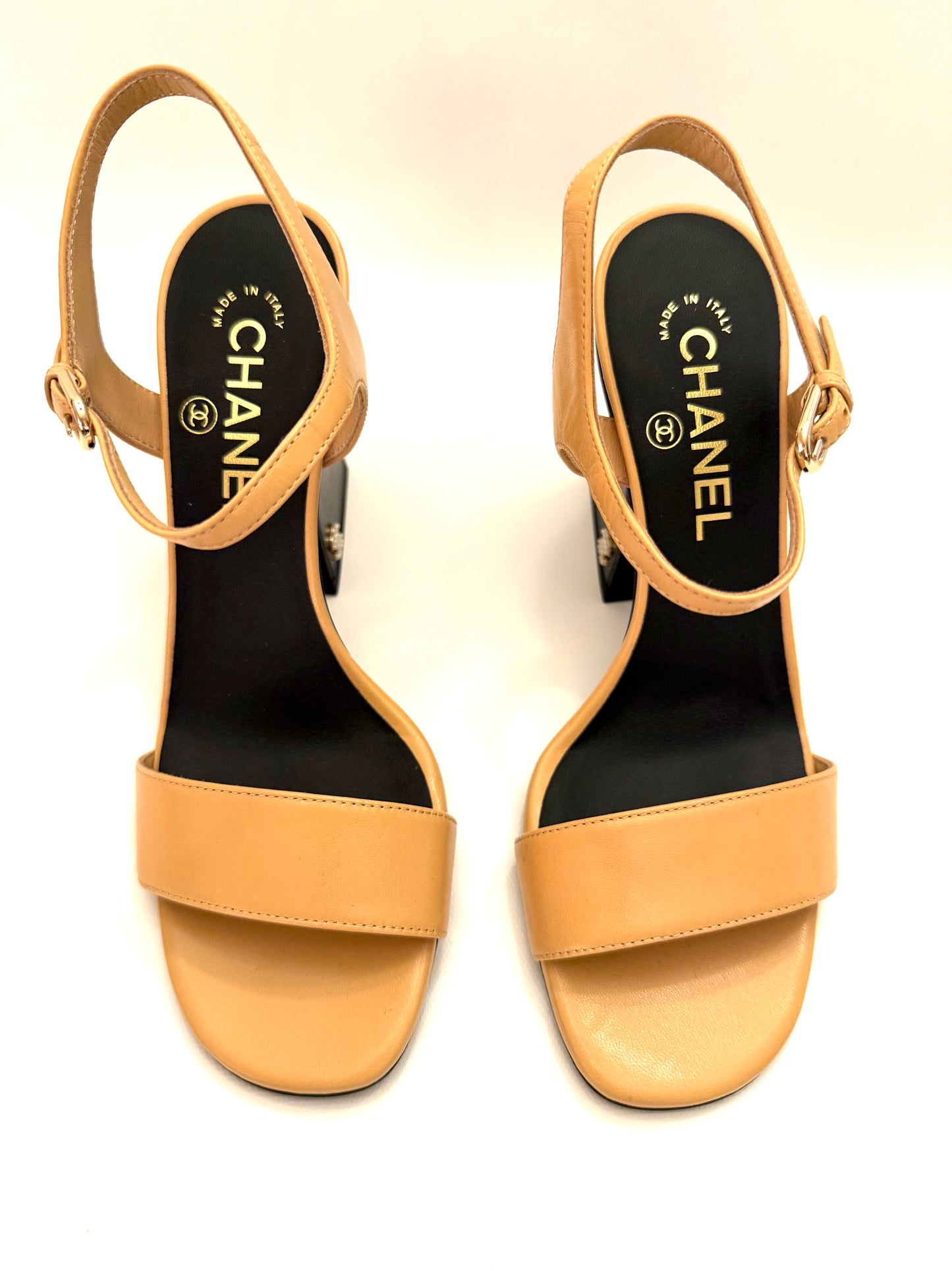 Chanel Leather CC Block Heel Ankle Strap Sandals Size 37