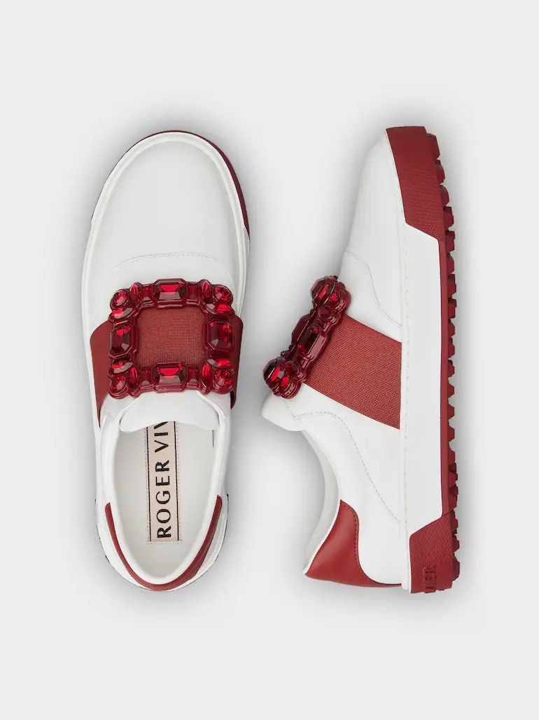 Roger Vivier Viv' Golf Very Vivier Strass Buckle Sneakers in Leather (Red x White), Size 36.5