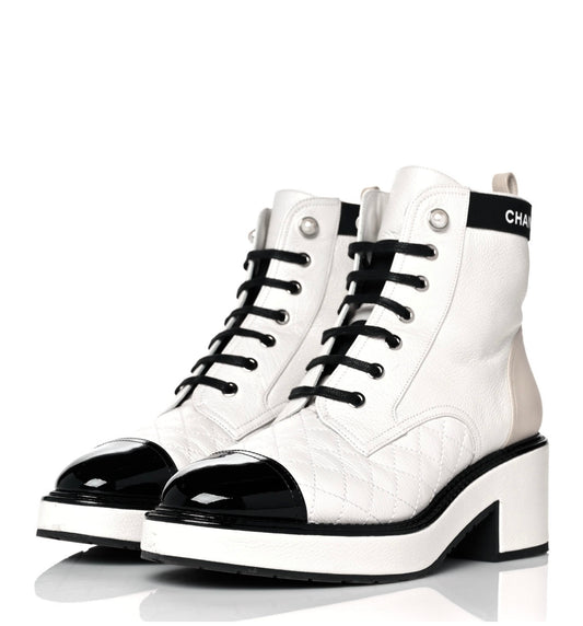 CHANEL 2021 Pearly Calfskin Patent Calfskin Quilted Lace Up Boots Women's Size 39, US 8.5