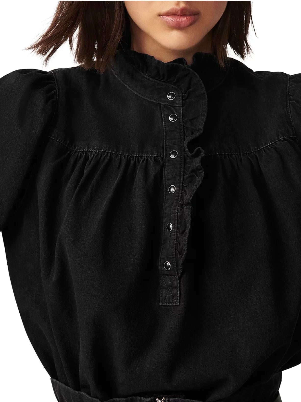 ba&sh Milac Denim Ruffle Blouse, SIZE 1 Small