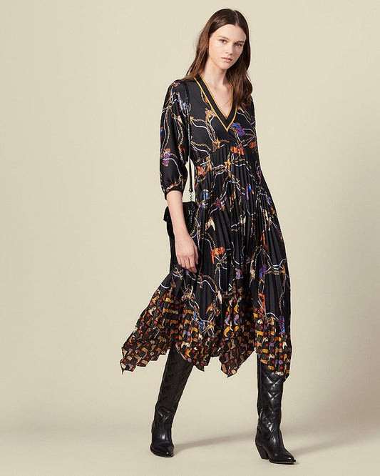 Sandro Palmina Pleated & Printed Midi Dress in black, Medium
