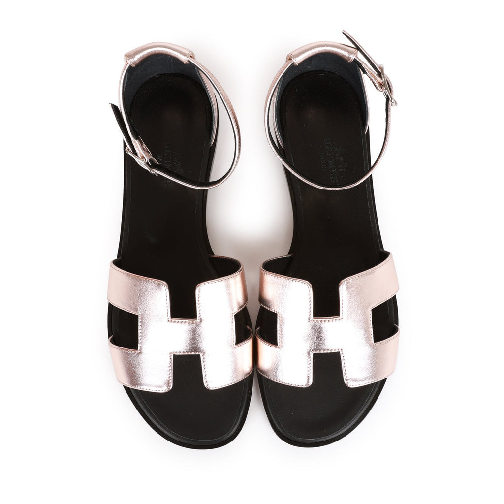 HERMES Metallic Nappa Santorini Sandals Rose Doré,Size 38.5