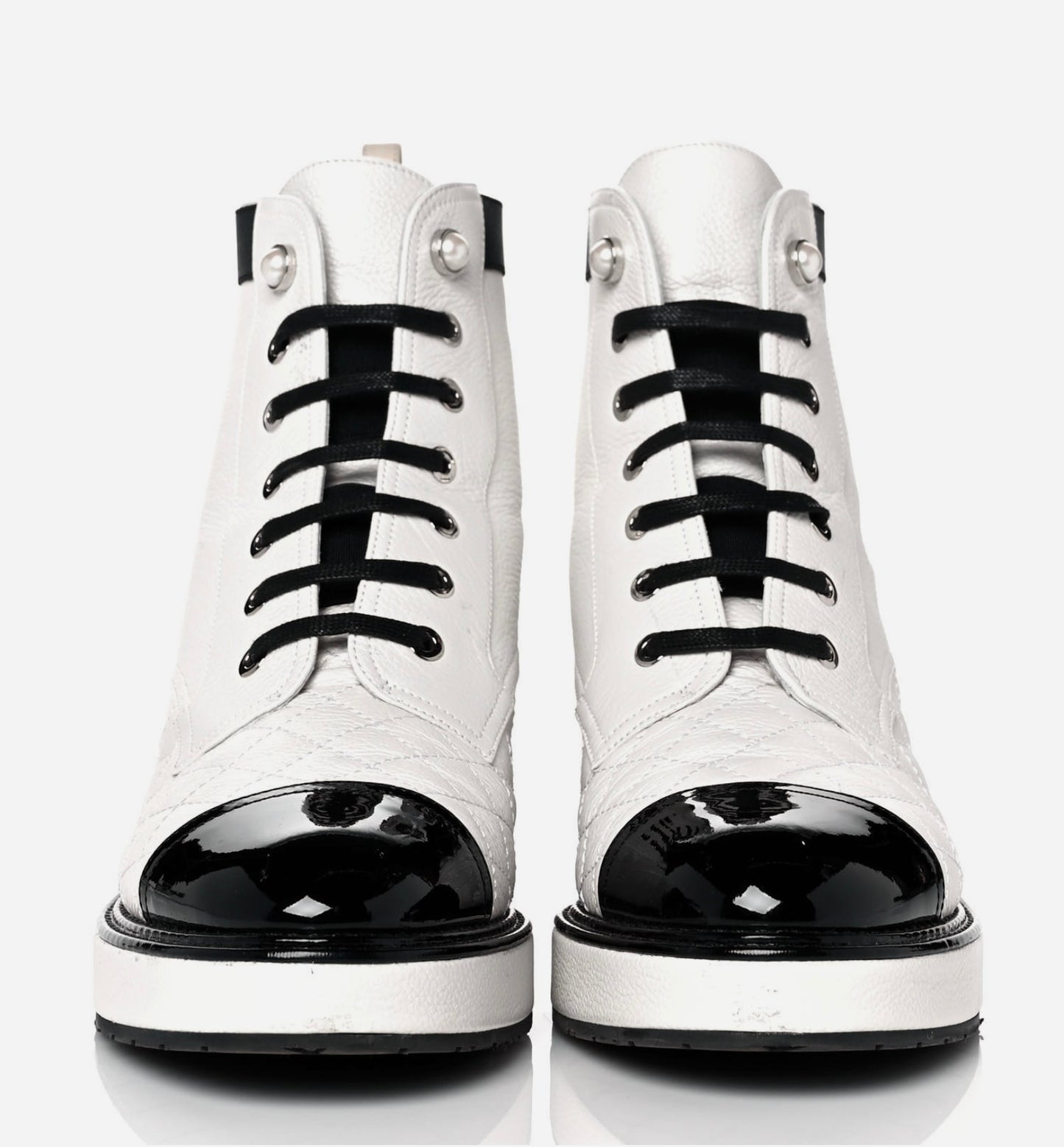 CHANEL 2021 Pearly Calfskin Patent Calfskin Quilted Lace Up Boots Women's Size 39, US 8.5