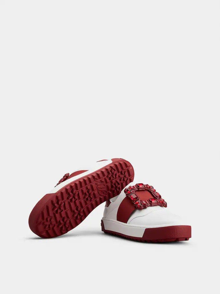 Roger Vivier Viv' Golf Very Vivier Strass Buckle Sneakers in Leather (Red x White), Size 36.5