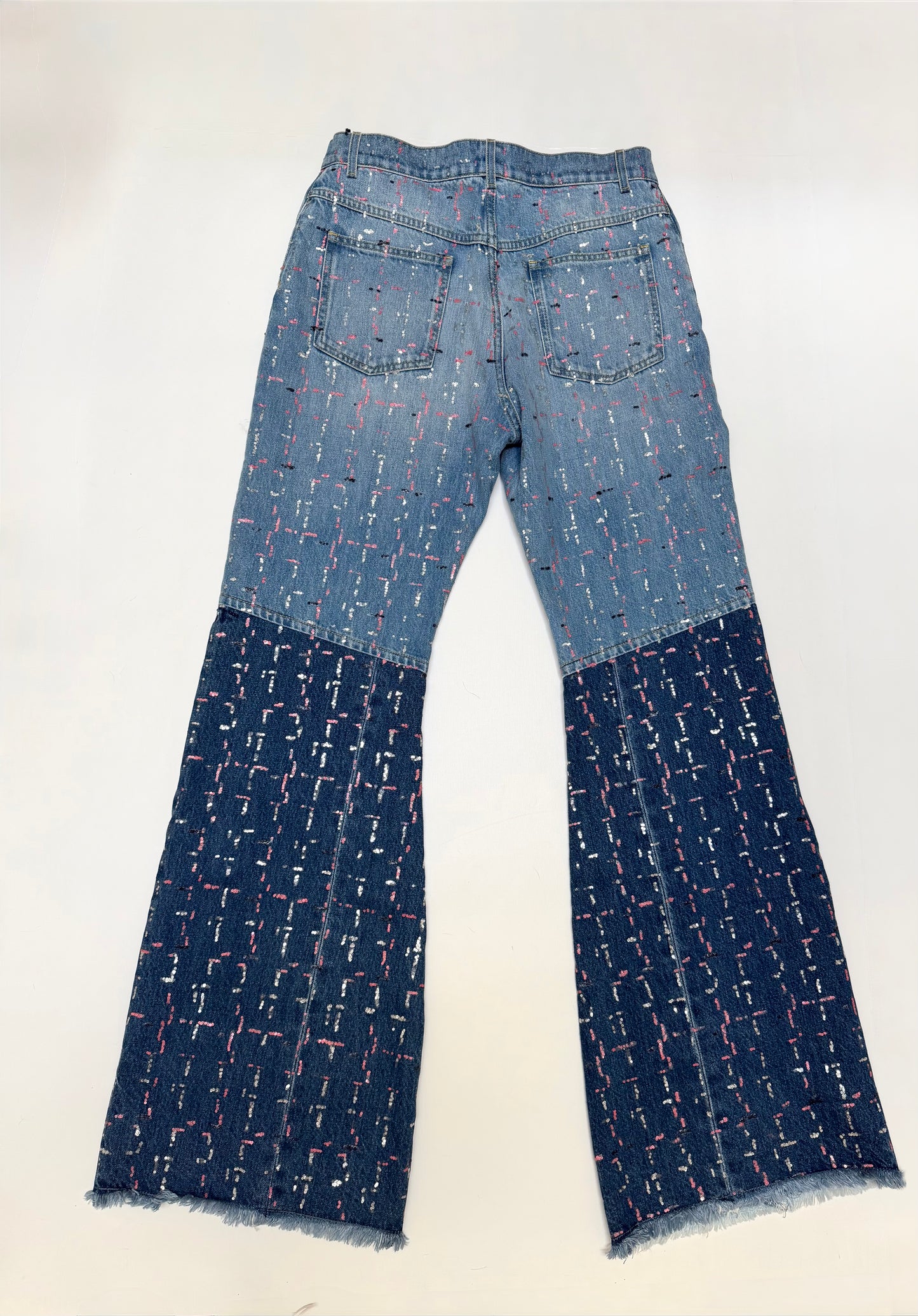 CHANEL NWT washed blue cotton 23A DAKAR SEQUIN WIDE JEANS Pants, SIZE 38