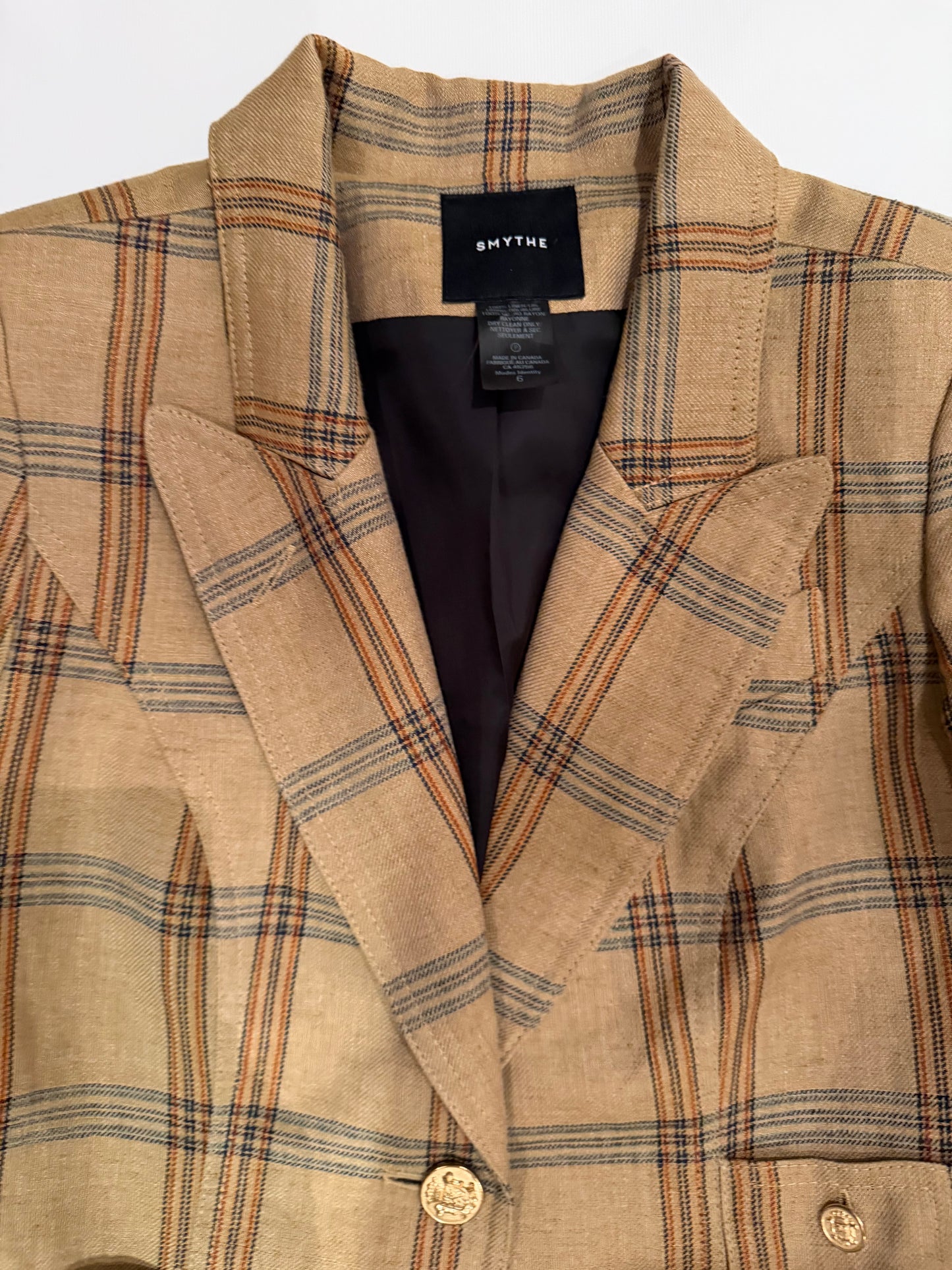 Smythe Patch Pocket Duchess Burlap Plaid Leather-Elbow-Patch Blazer, Size 6