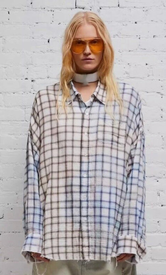 R13 SHREDDED SEAM DROP NECK SHIRT - BLEACHED PLAID XSMALL