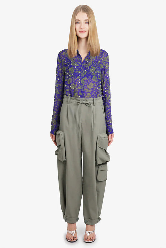 Y-3 WIDE LEG COTTON CARGO PANTS | STONE GREEN, SMALL FITS LIKE MEDIUM
