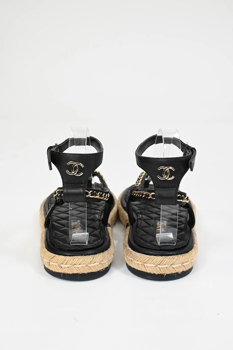 Chanel Black lambskin leather and gold-tone chain CC espadrille thong sandals, Size 39