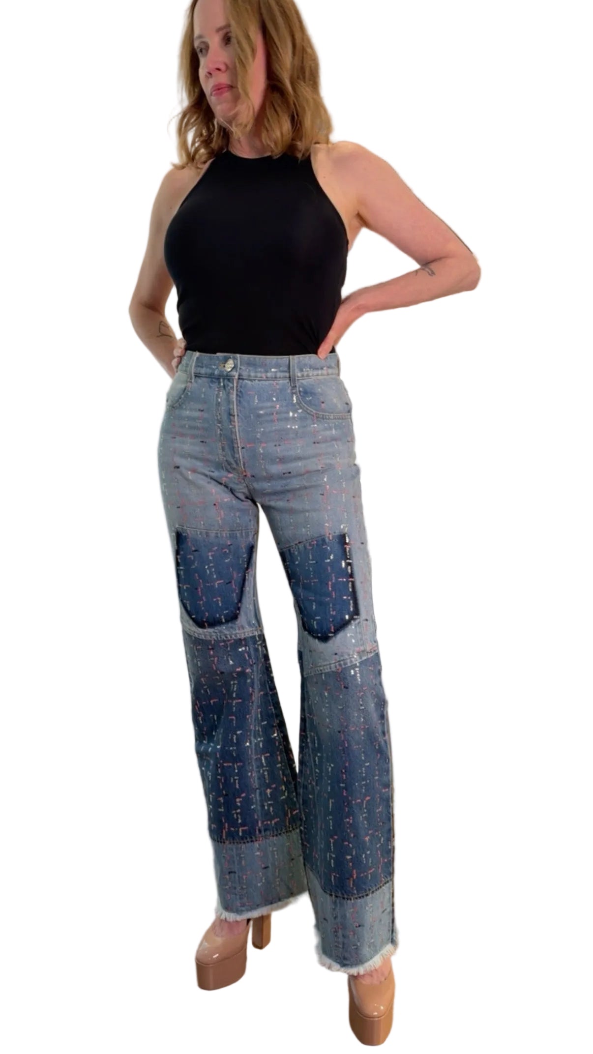 CHANEL NWT washed blue cotton 23A DAKAR SEQUIN WIDE JEANS Pants, SIZE 38