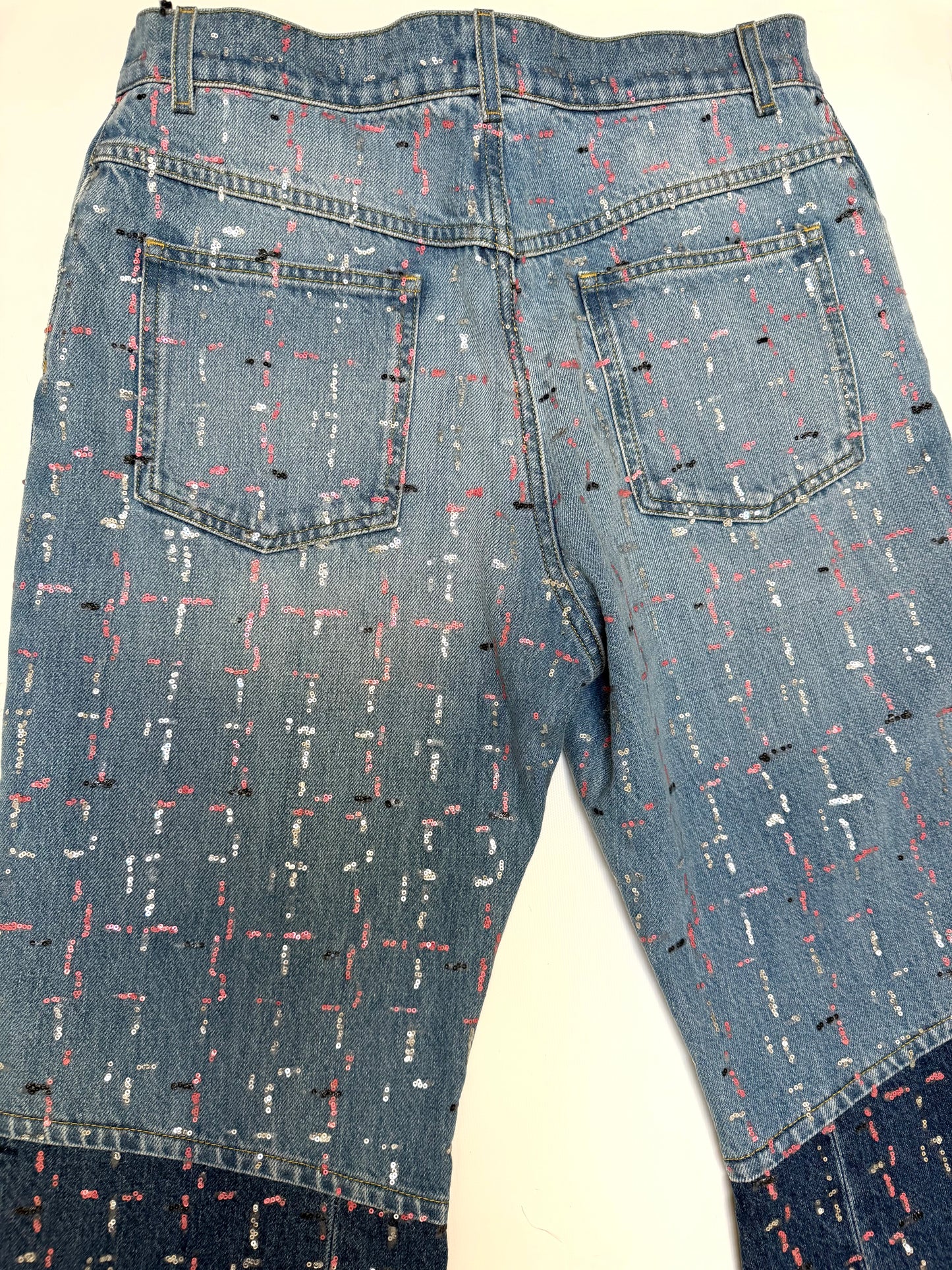 CHANEL NWT washed blue cotton 23A DAKAR SEQUIN WIDE JEANS Pants, SIZE 38