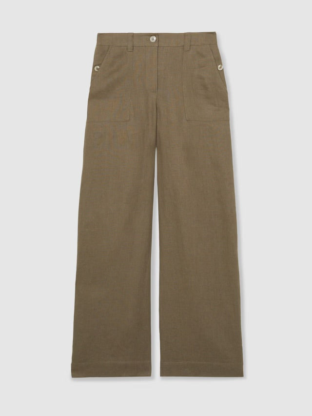 REISS NWT Ashby Linen Wide-Leg Trousers in Khaki, SIZE 6