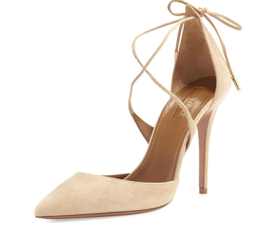 Aquazzura Matilde Crisscross Suede 105mm Pump Nude, SIZE 8.5