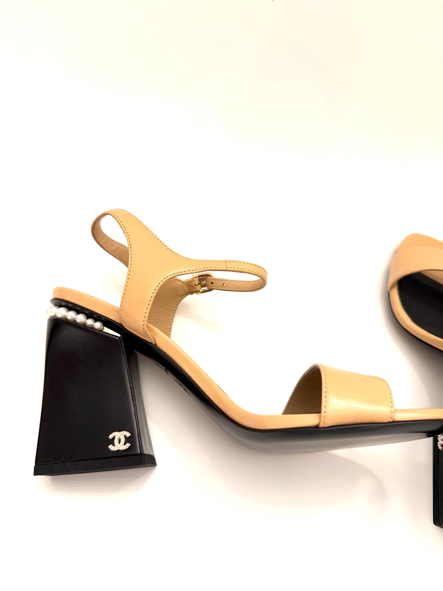 Chanel Leather CC Block Heel Ankle Strap Sandals Size 37