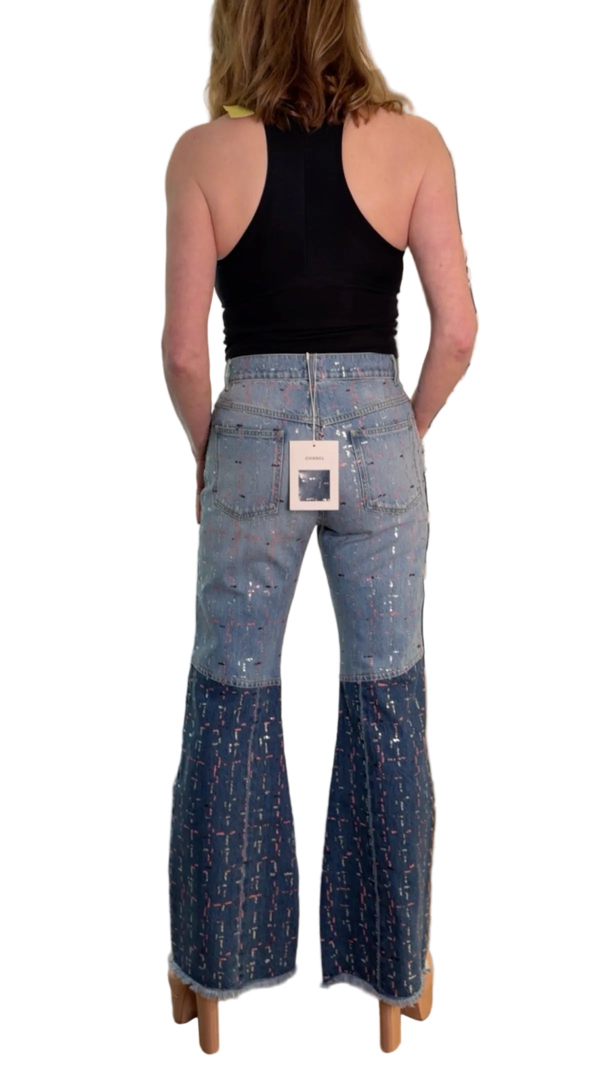 CHANEL NWT washed blue cotton 23A DAKAR SEQUIN WIDE JEANS Pants, SIZE 38