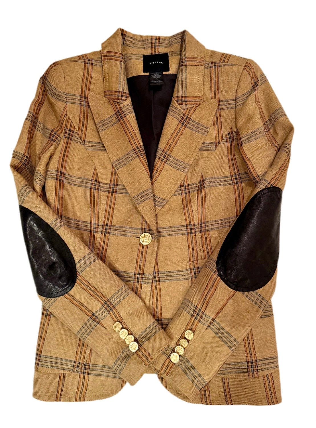 Smythe Patch Pocket Duchess Burlap Plaid Leather-Elbow-Patch Blazer, Size 6