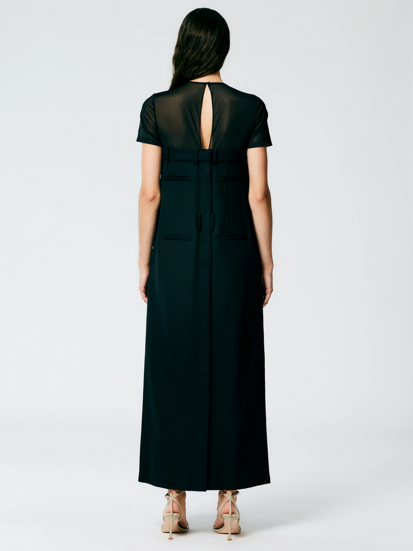 TIBI Salopette Tulle-Paneled Grain De Poudre Wool Maxi Dress, Size 6