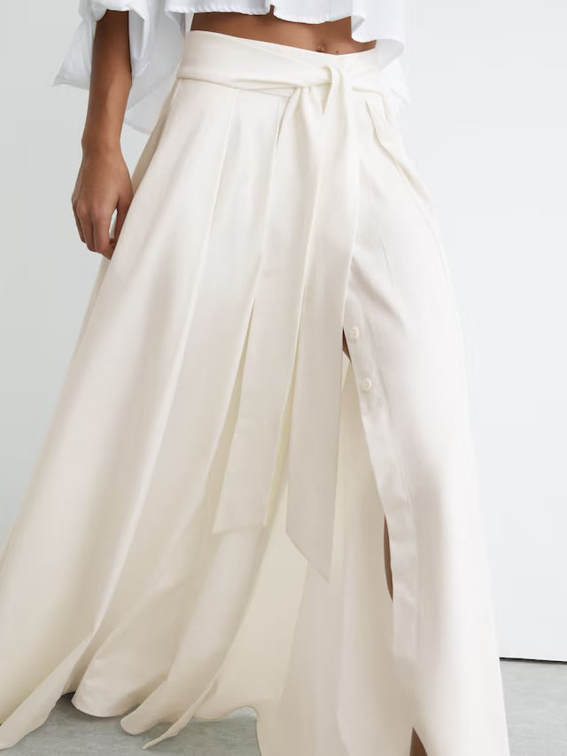 REISS NWT Simone Cotton-Blend Pleated Maxi Skirt in Ivory, SIZE 6
