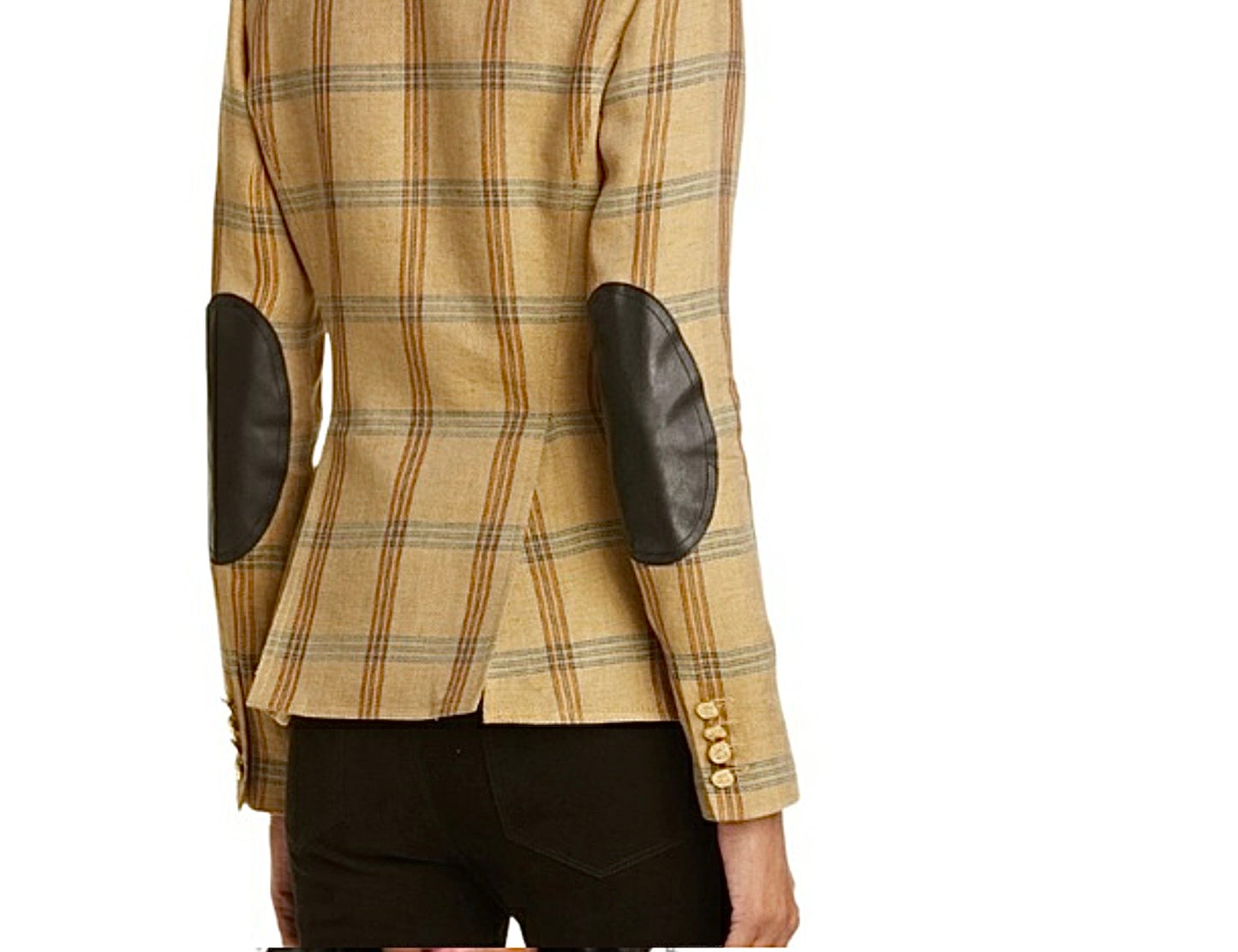 Smythe Patch Pocket Duchess Burlap Plaid Leather-Elbow-Patch Blazer, Size 6