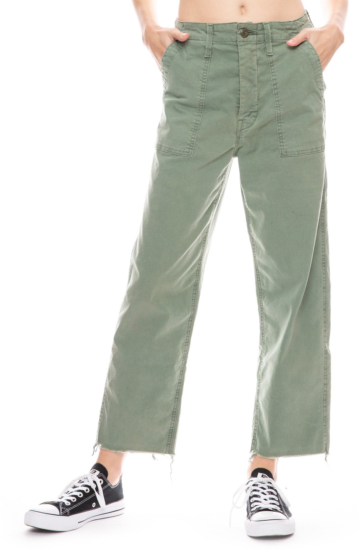MOTHER Patch Pocket Private Ankle Fray in Army Green, Size 27