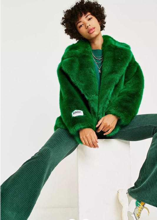 JAKKE Rita Faux Fur Coat Green, SIZE 2