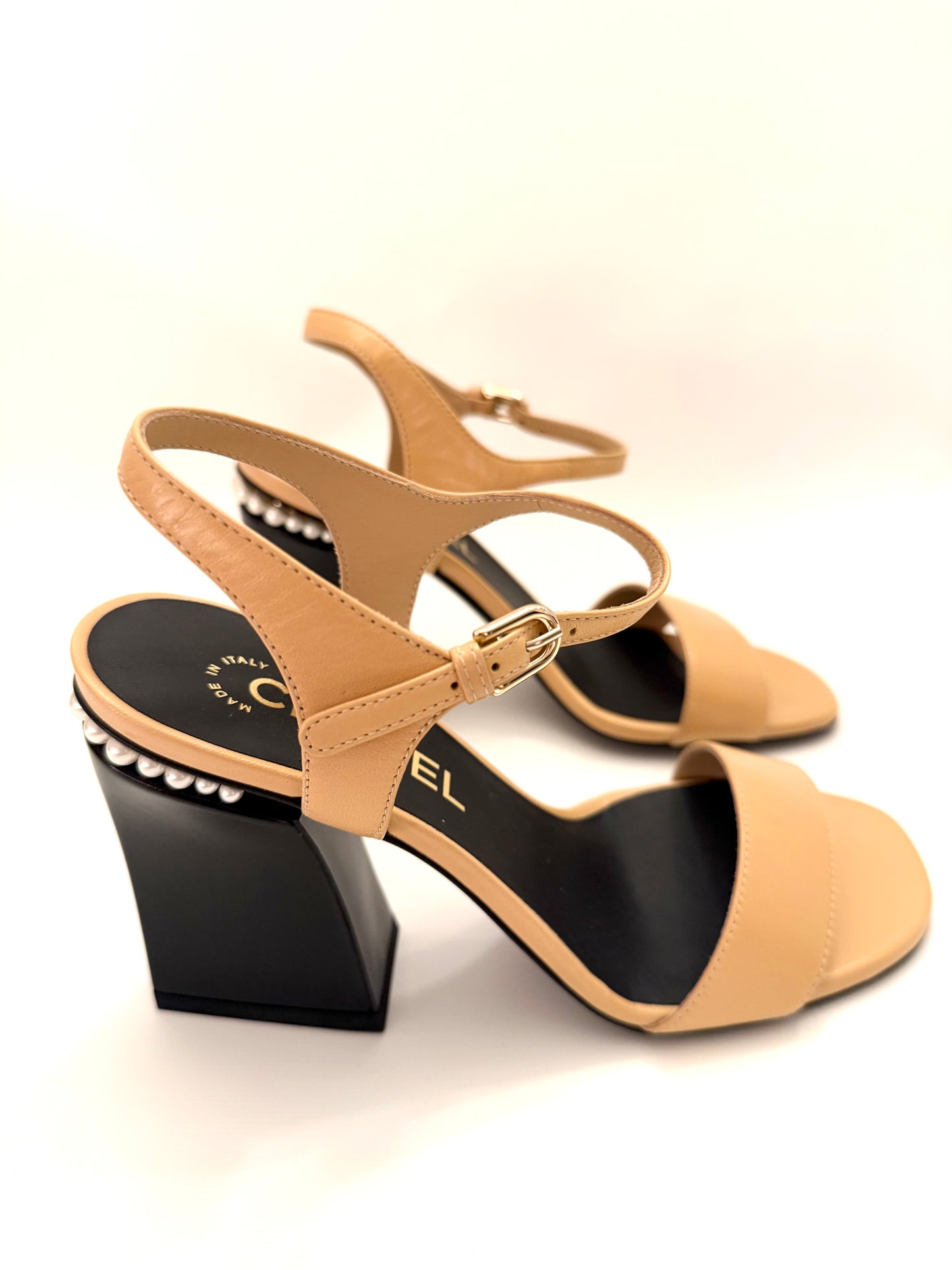 Chanel Leather CC Block Heel Ankle Strap Sandals Size 37
