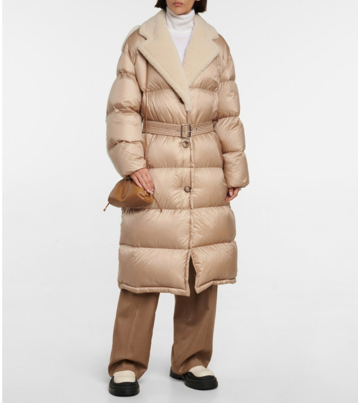 Moncler Mainline Gourguet
Belted Sheep-Trim Coat, Size 1