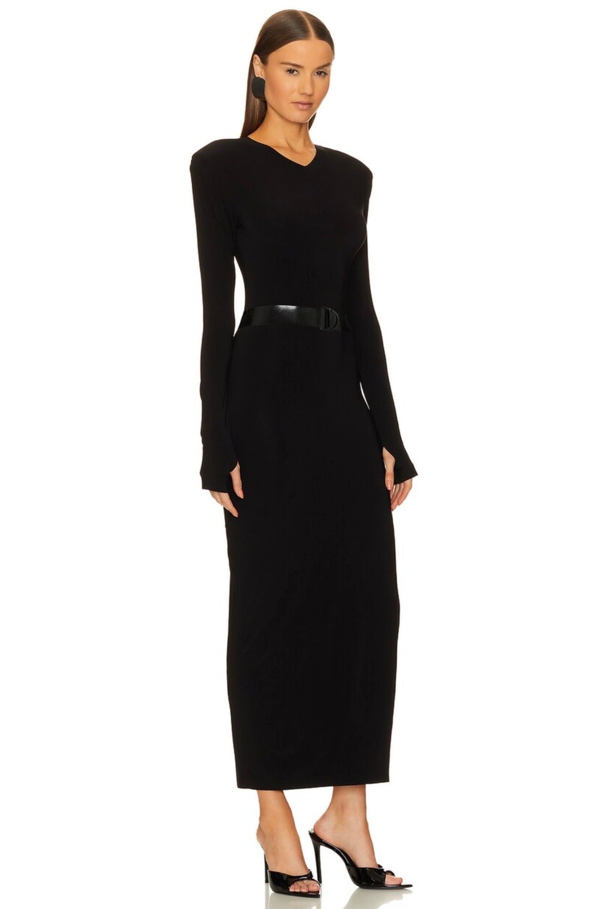 NORMA KAMALI Long Sleeve Shoulder Pad Side Slit Gown, XSMALL