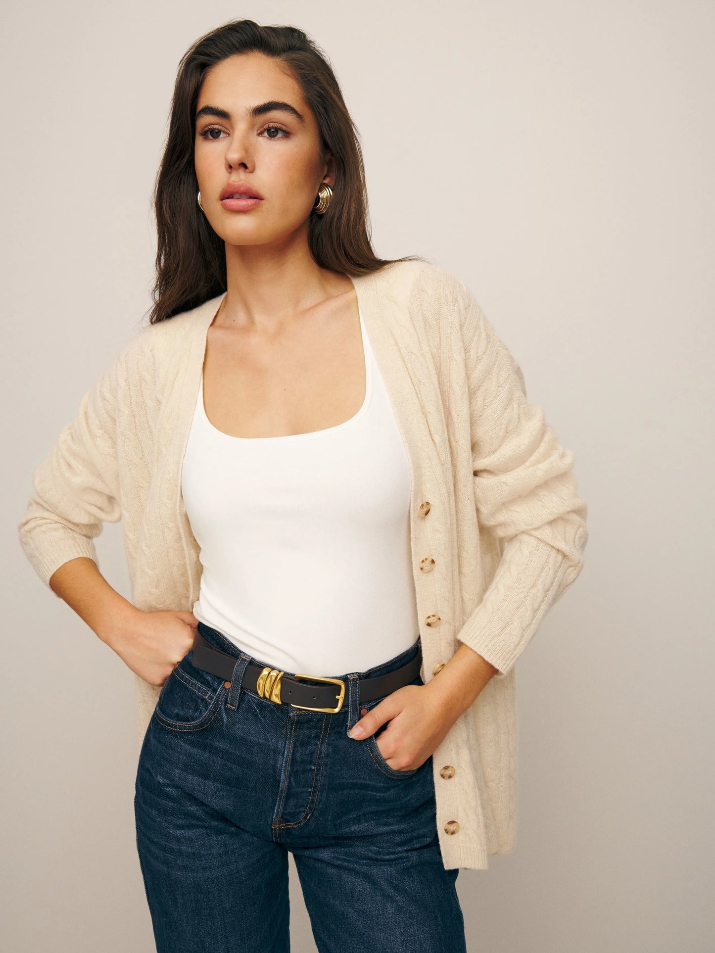 Reformation Giusta Oversized Cashmere Cardigan in Eco Beige, XSMALL