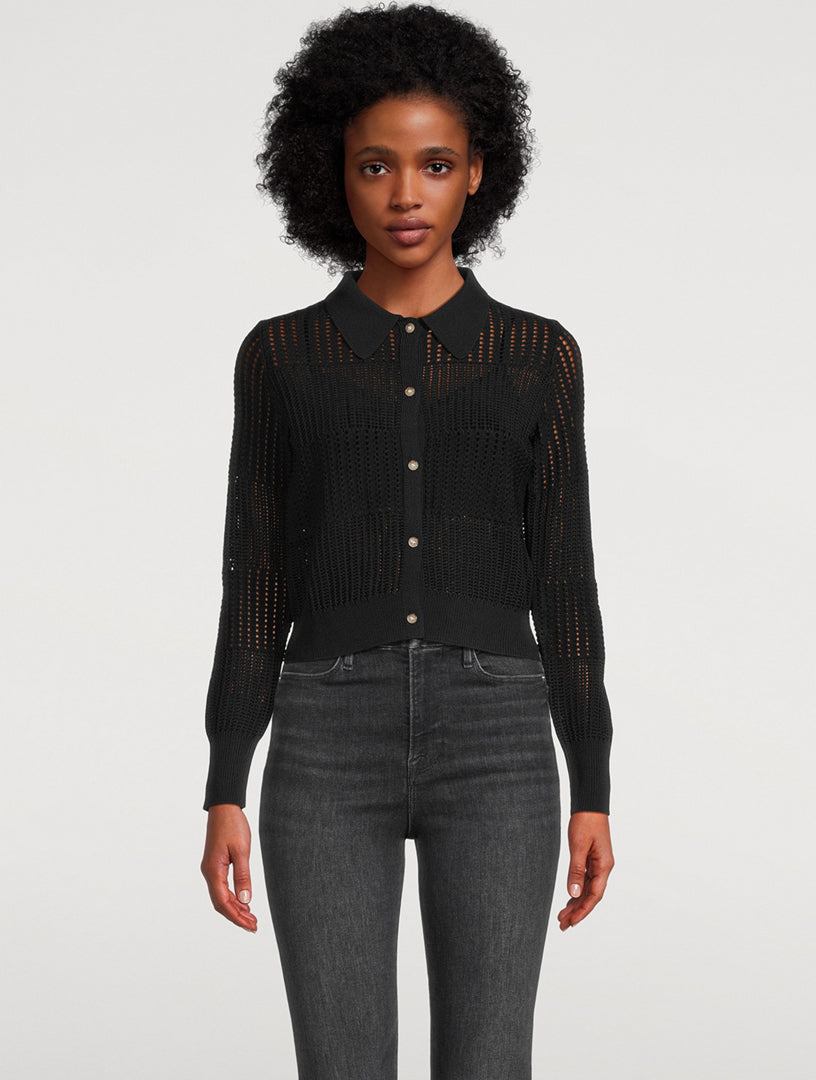 FRAME Shrunken Crochet Polo Cardigan, Large