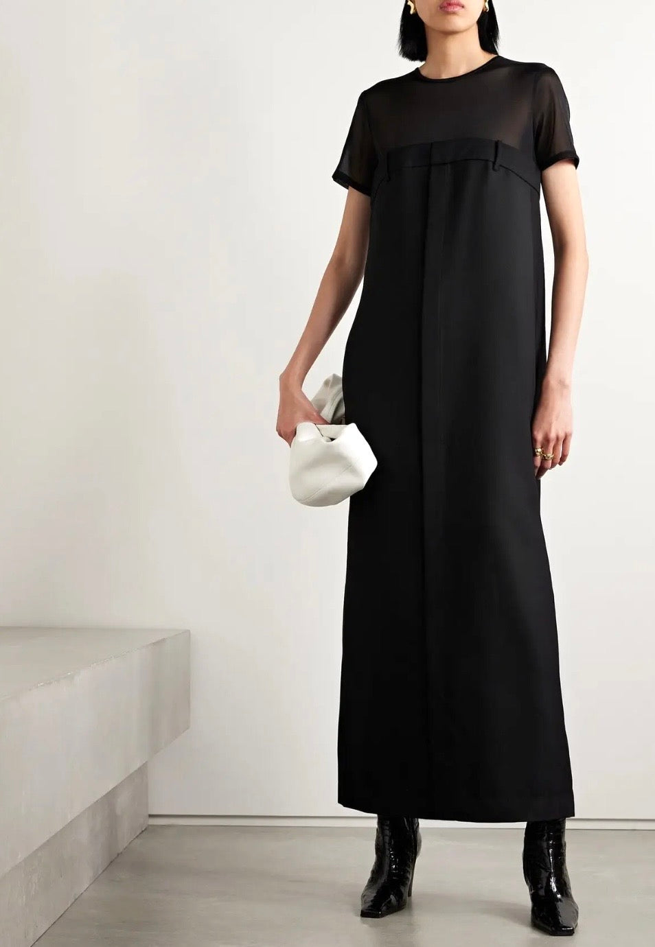 TIBI Salopette Tulle-Paneled Grain De Poudre Wool Maxi Dress, Size 6