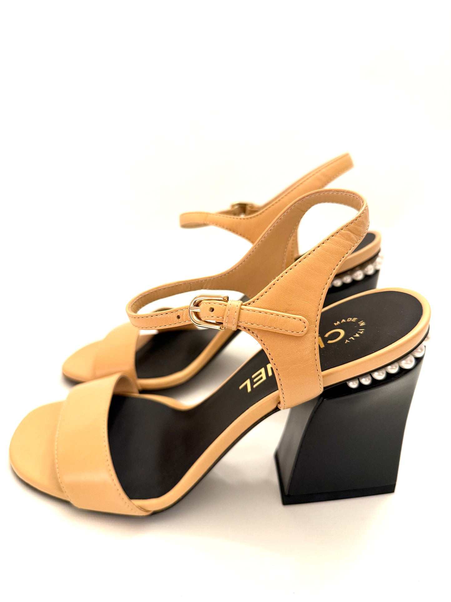 Chanel Leather CC Block Heel Ankle Strap Sandals Size 37