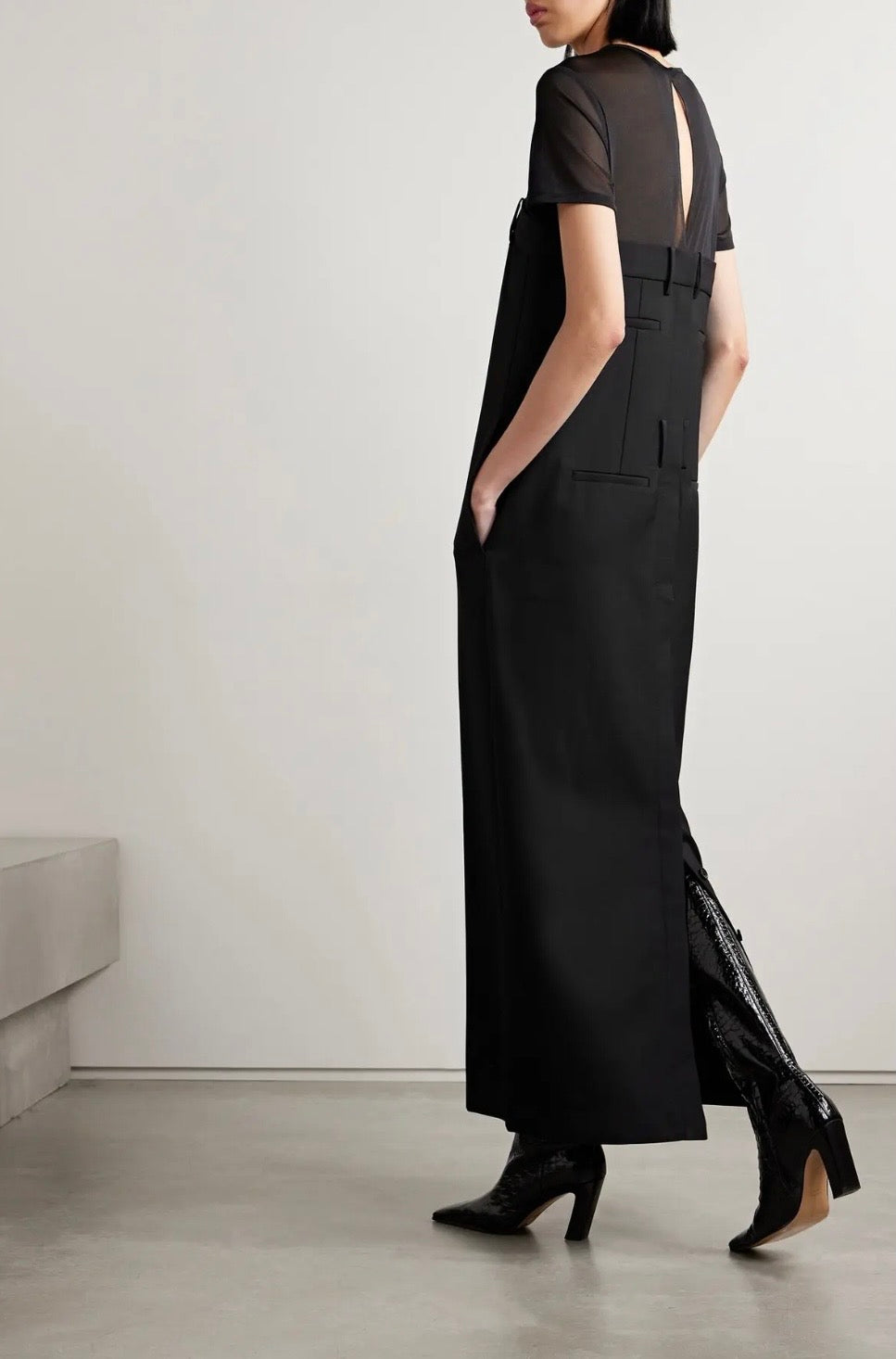 TIBI Salopette Tulle-Paneled Grain De Poudre Wool Maxi Dress, Size 6