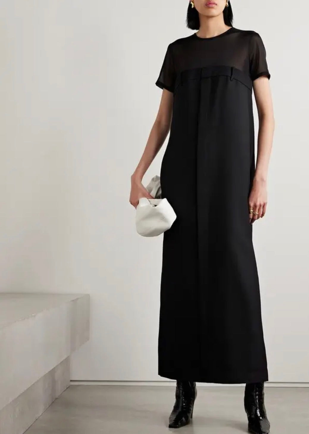 TIBI Salopette Tulle-Paneled Grain De Poudre Wool Maxi Dress, Size 6