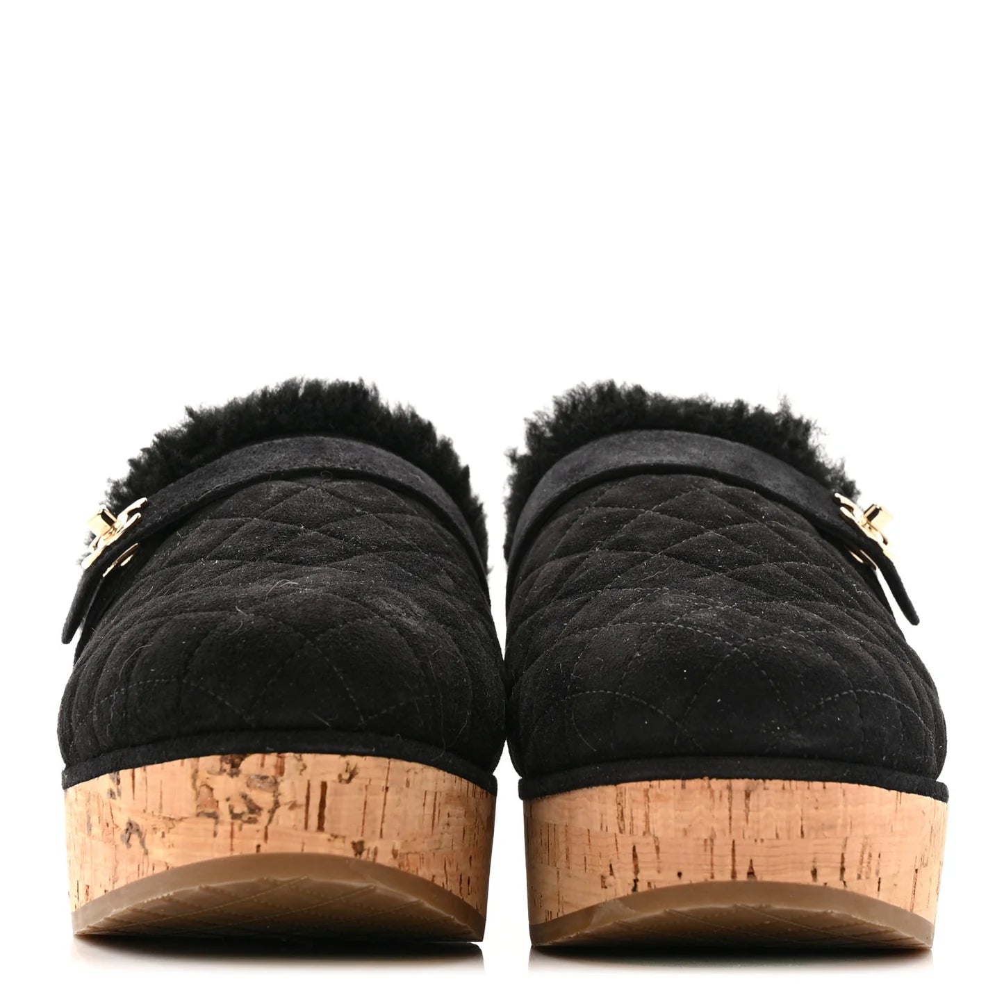 CHANEL Suede Calfskin Shearling Turn Lock Clogs, Size 39