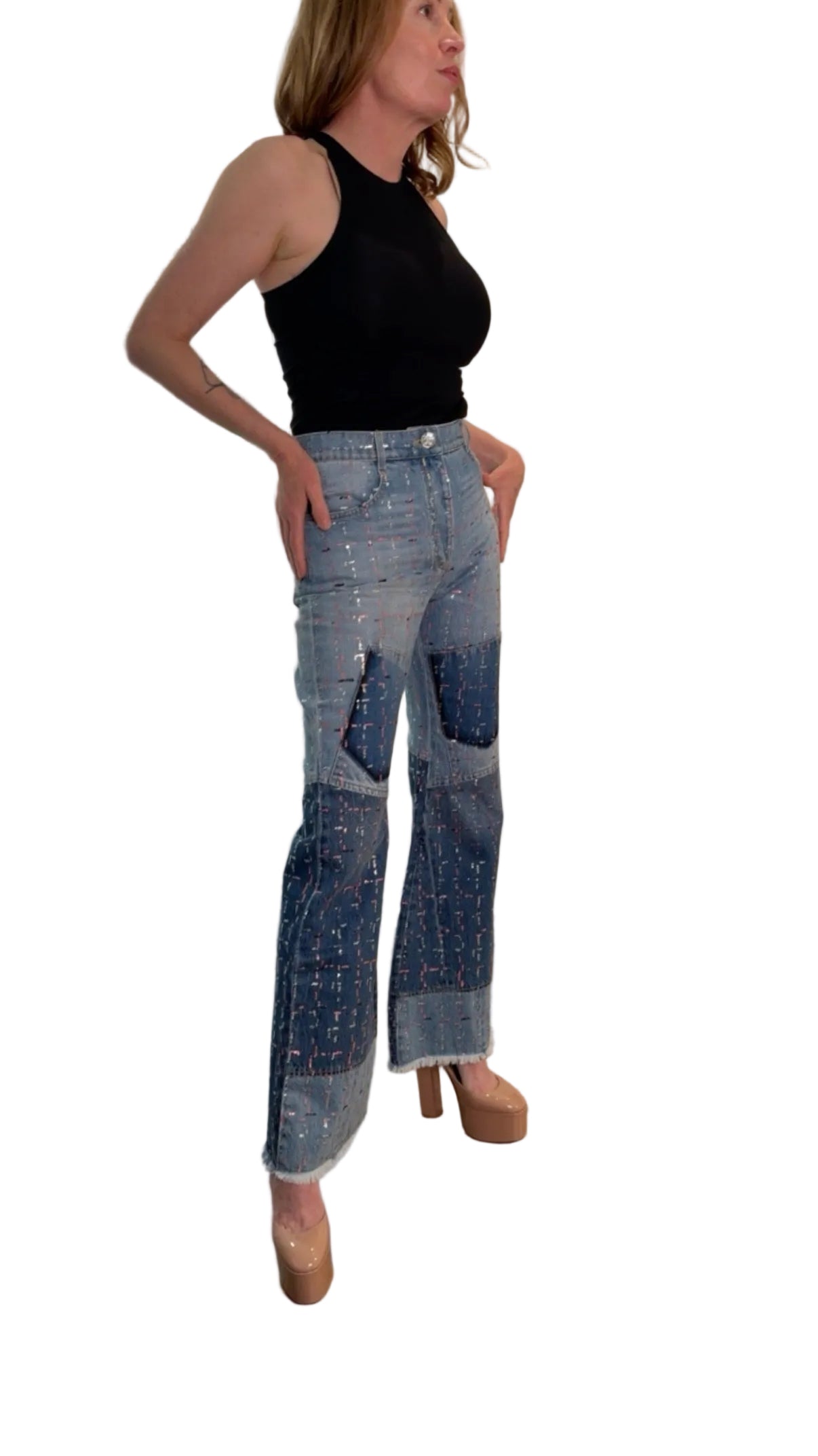 CHANEL NWT washed blue cotton 23A DAKAR SEQUIN WIDE JEANS Pants, SIZE 38